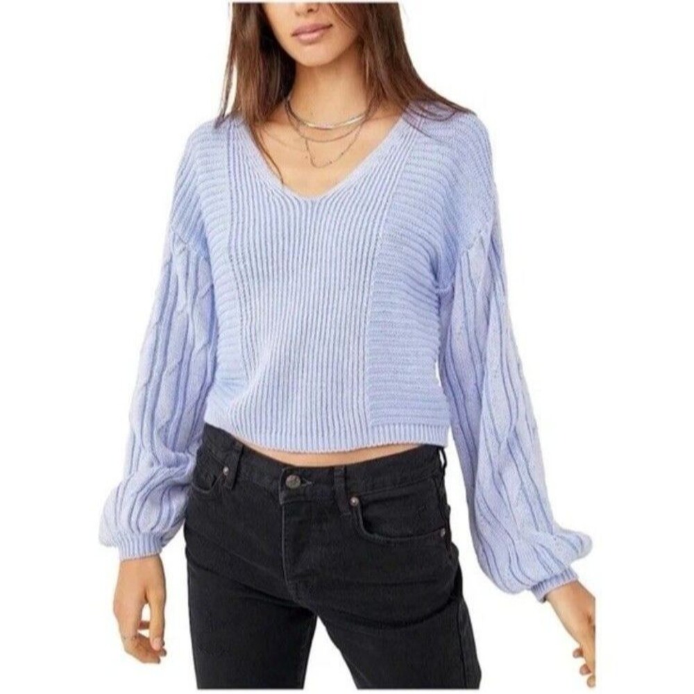 Free People When It Rains Women Size S V Neck Cable Knit Sweater Boho